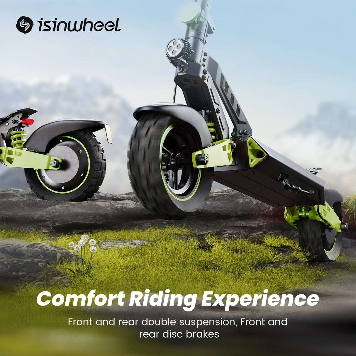Trottinette électrique Isinwheel D2 : 1 000 W, autonomie de 55 km, vitesse maximale de 45 km/h, 48 V, batterie de 15,6 Ah.