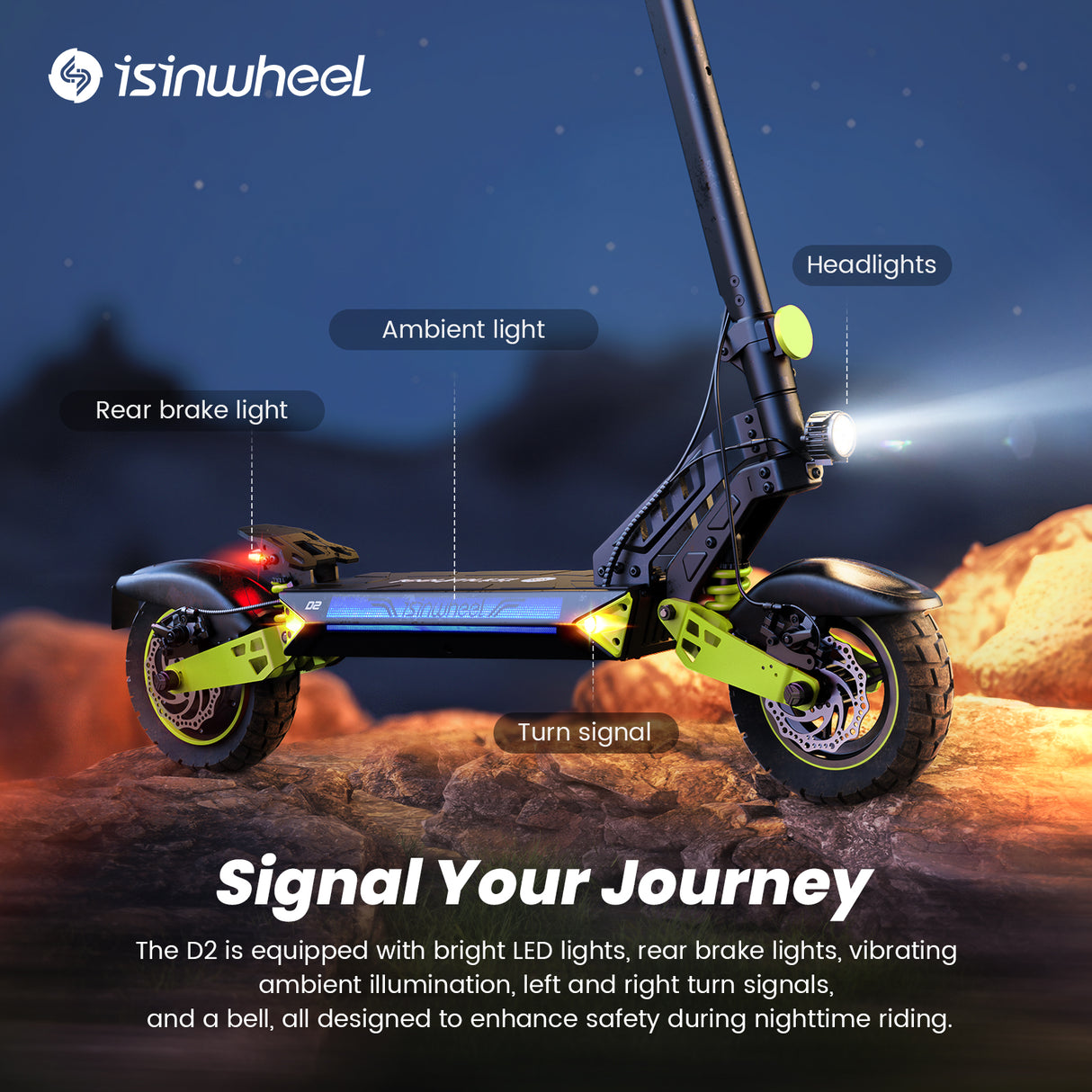 Trottinette électrique Isinwheel D2 : 1 000 W, autonomie de 55 km, vitesse maximale de 45 km/h, 48 V, batterie de 15,6 Ah.