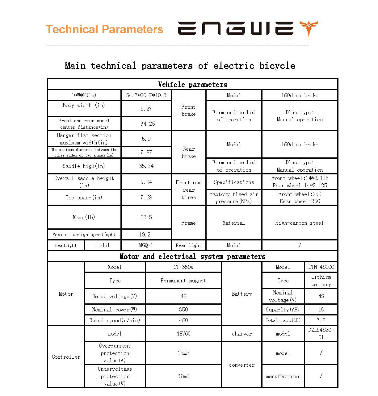 Engwe T14 technical specification